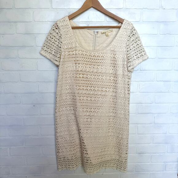Anthropologie Staring At Stars Cream Short Sleeve Crochet Lined Dress sz L - Picture 1 of 6
